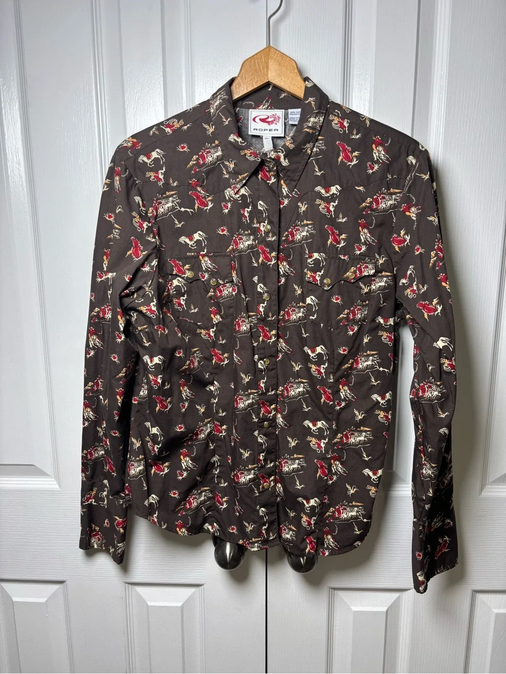 Roper XL Stretch Western Snap Shirt Rodeo Cowboy Horse Print 100% Cotton - Picture 2 of 11